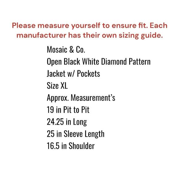 Mosaic & Co. Jacket Size XL Black White Diamond Pattern Open Short Pockets Lined - Picture 7 of 12